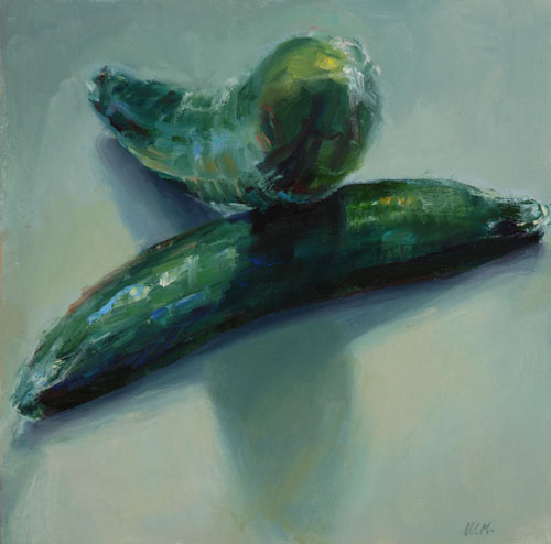 Oil painting of two cucumber shrink wrapped in plastic by Victoria Mimiaga