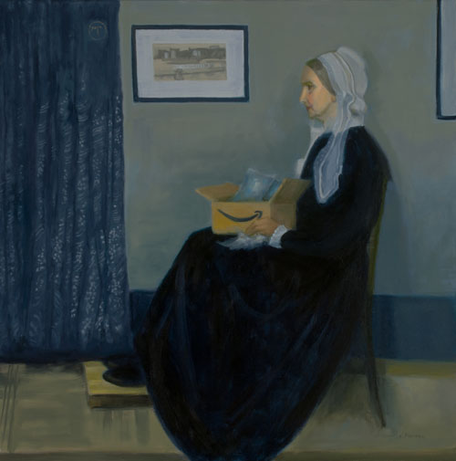 Oil copy of Whistler's painting Whistler's Mother where she is holding an Amazon box with bubble wrap by Victoria Mimiaga