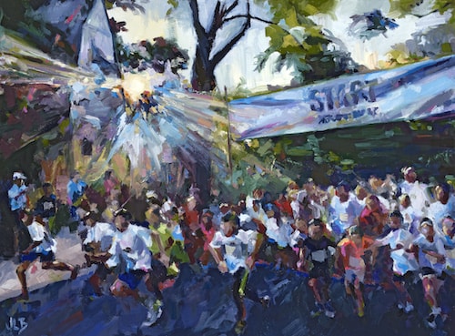 Oil painting of the beginning of a marathon at Noyes by Jennifer Beaudet