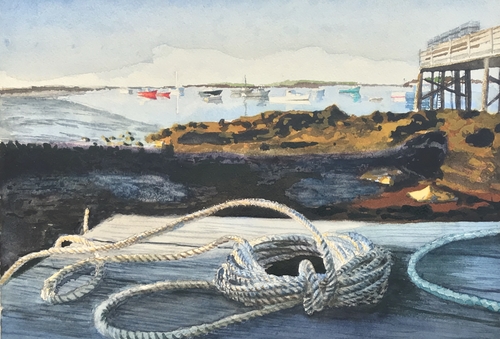 Watercolor of a harbor scene with a coiled rope in the foreground by Jed Sutter