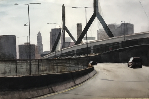 “Hazy Zakim” Watercolor on Paper by Jed Sutter