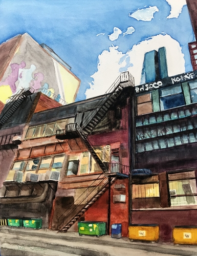 Watercolor of trash bins in front of buildings by Jed Sutter