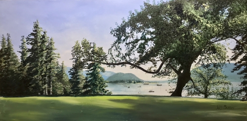 Acrylic landscape of a tree in front of a harbor by Jed Sutter
