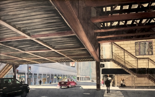 Watercolor of a scene from under the Boston El by Jed Sutter