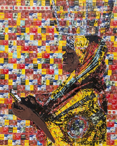 Mixed media image of a Ghana woman in traditional garb using a cell phone by Tjasa Rener
