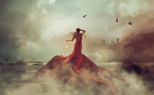 Digital oil painting of a woman in red on a rock looking out to sea by Samantha Wells