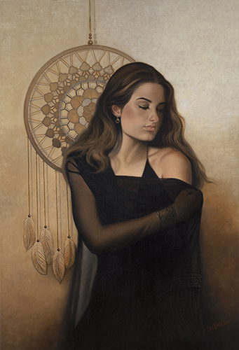 Oil portrait of a woman in front of a dream catcher by Lisa Botto Lee