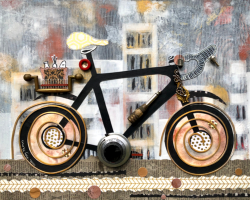 mixed media collage of a bicycle by artist Holli May Thomas