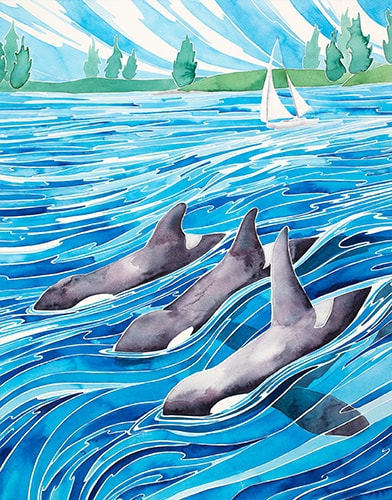 Watercolor of three dolphins in the ocean by Andrea England