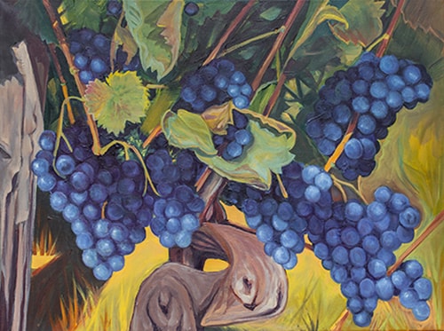 Painting of purple grapes on the vine by Steve Mairella