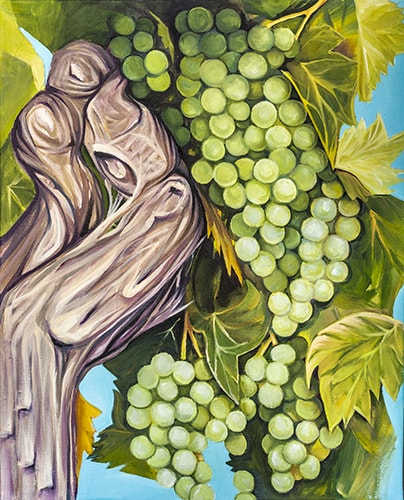 Painting of green Moscato grapes on the vine by Steve Mairella
