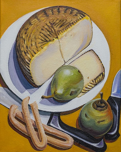 Painting of pears and Pecorino cheese by Steve Mairella