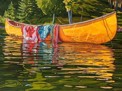 Oil painting of an empty canoe with clothing by Janet MacKay
