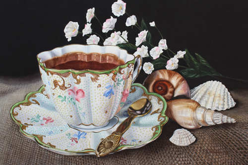 Watercolor still life of a cup of tea and seashells by Karen Heidler