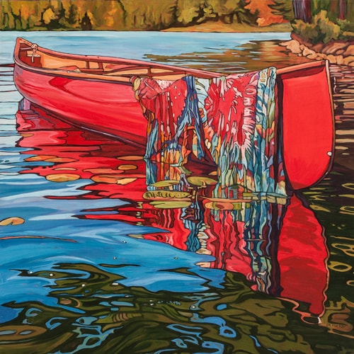 Oil painting of an empty canoe with tie dye clothing by Janet MacKay