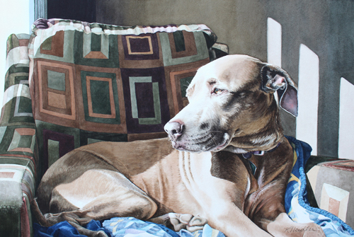 Watercolor portrait of a dog on a bed by Karen Heidler