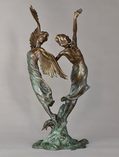 Bronze sculpture of a woman and an angel dancing by Janet MacKay