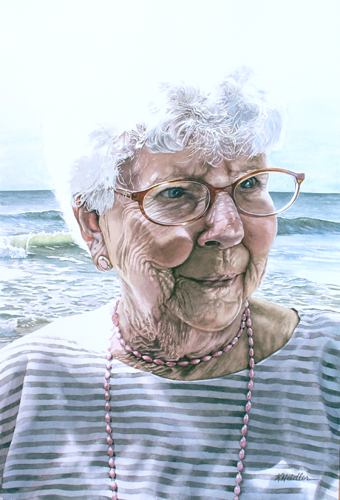 Watercolor portrait of an elderly woman named Kathleen by Karen Heidler