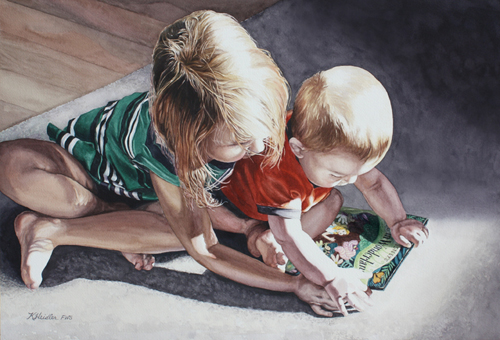 Watercolor of two toddlers looking looking at a book by Karen Heidler