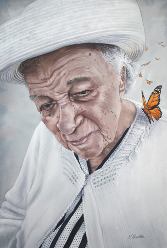 Watercolor portrait of an elderly woman with a butterfly by Karen Heidler