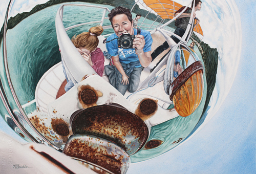 Watercolor painting of the artist and her daughter reflected in a nautical reflecting sphere by Karen Heidler