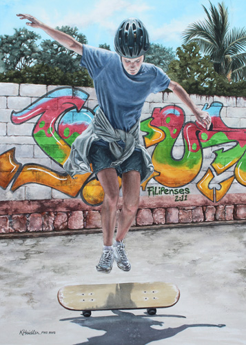 Watercolor painting of a skateboarder by Karen Heidler