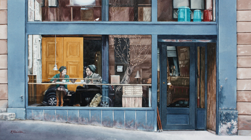 Watercolor painting of two people inside the Café Delizique in Washington DC by Karen Heidler