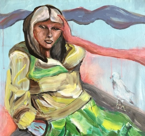 Abstract expressionist portrait of a seated woman outdoors by Veerle Coucke