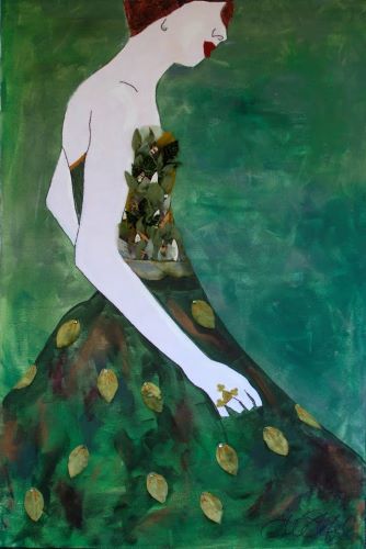 Mixed media painting of a woman in a green dress by Theresa Wells Stifel