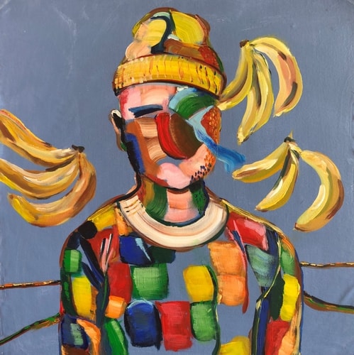 Expressionistic acrylic portrait of a banana man by Veerle Coucke