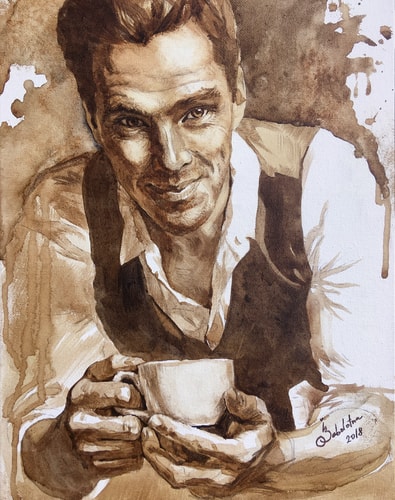 Coffee portrait of Benedict Cumberbatch drinking coffee by Ilona Zabolotna