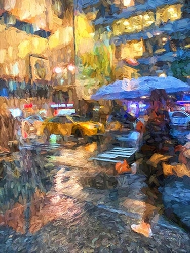 Digital image of a rainy NYC street at night by Sheila Smith