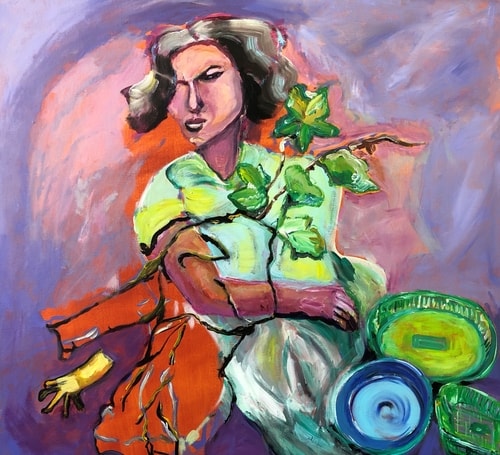 Abstract expressionist portrait of a woman doing chores by Veerle Coucke