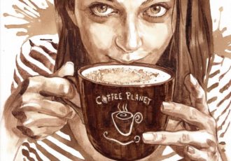 Portrait of a woman drinking coffee painted with coffee by Ilona Zabolotna