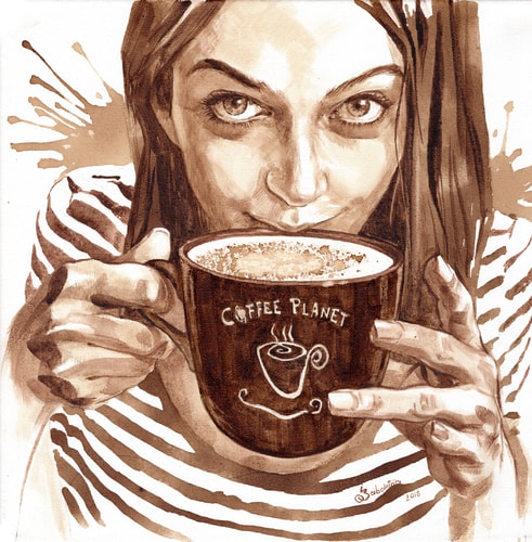 Portrait of a woman drinking coffee painted with coffee by Ilona Zabolotna