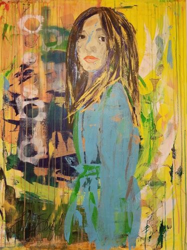 Mixed media painting of a young woman named Constance by Theresa Wells Stifel