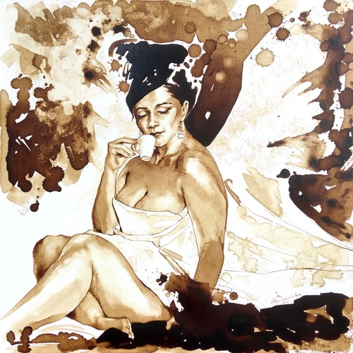 Coffee Portrait of a woman in a sheet drinking coffee by Ilona Zabolotna