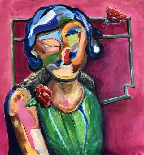 Abstract Expressionist portrait of a woman in front of a frame by Veerle Coucke