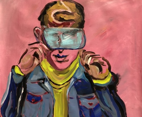 Abstract expressionist portrait of a man hiding behind the flap of his cap by Veerle Coucke