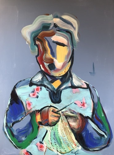 Abstract Expressionist portrait of a woman knitting by Veerle Coucke