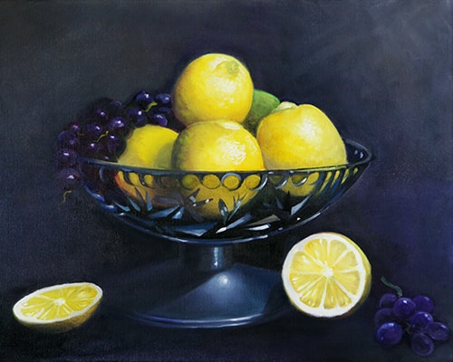 Oil still life of lemons in a glass bowl by Barbara Davies