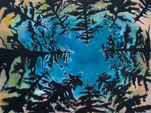 Contemporary abstract painting of a view looking skyward through pine trees by Dorothy Mohler