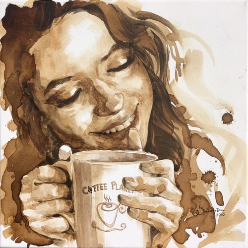 Coffee painting of a happy young woman drinking coffee by Ilona Zabolotna