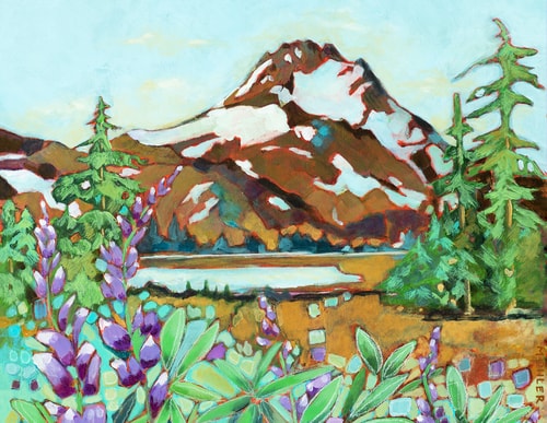 Contemporary abstract landscape of Mt. Jefferson and Lupine flowers in Oregon by Dorothy Mohler