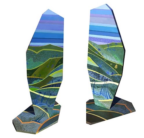 Abstract sculpture with acrylic and MDF of a view over the hills towards the ocean at dawn by Andrea Shearing