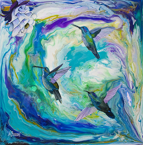 Painting of hummingbirds on a swirling blue background by Neena Buxani