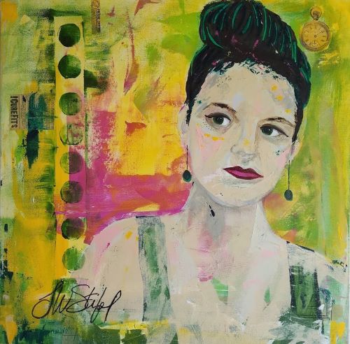 Mixed media painting of a woman named Olivia by Theresa Wells Stifel