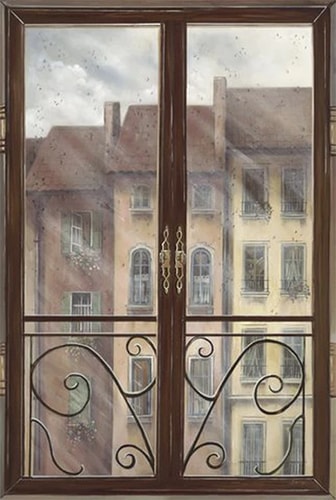 Oil painting of the rain in Paris, France seen through a window by Barbara Davies