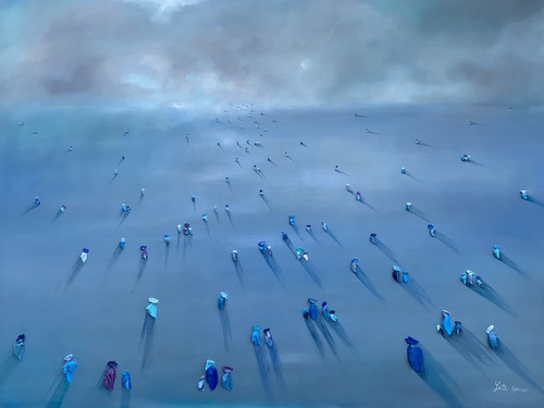 Abstract figurative painting of figures walking towards the horizon by Leticia Herrera