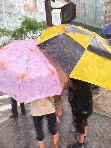 Digital image of two people in NYC with large umbrellas by Sheila Smith